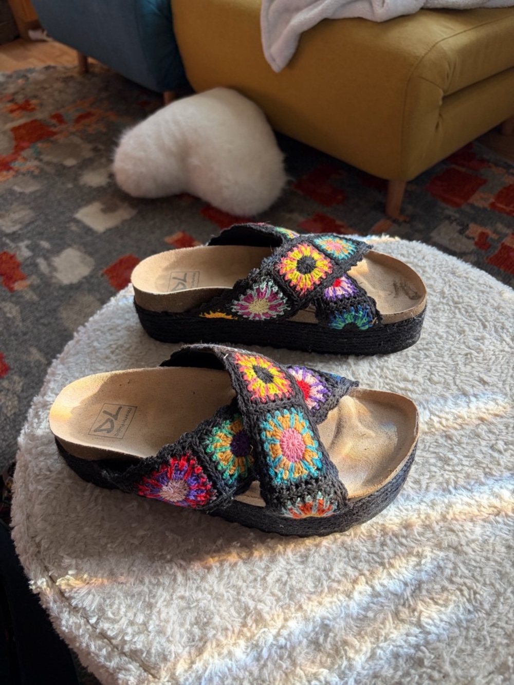 Dirty Laundry Black Crochet Platform Sandals with Multicolor Floral Accents